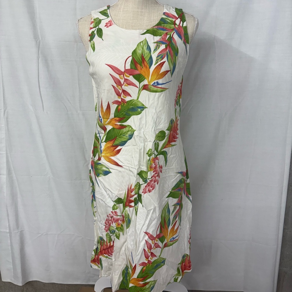 Tropical Floral Sleeveless Midi Dress - White with Multi-Color Print